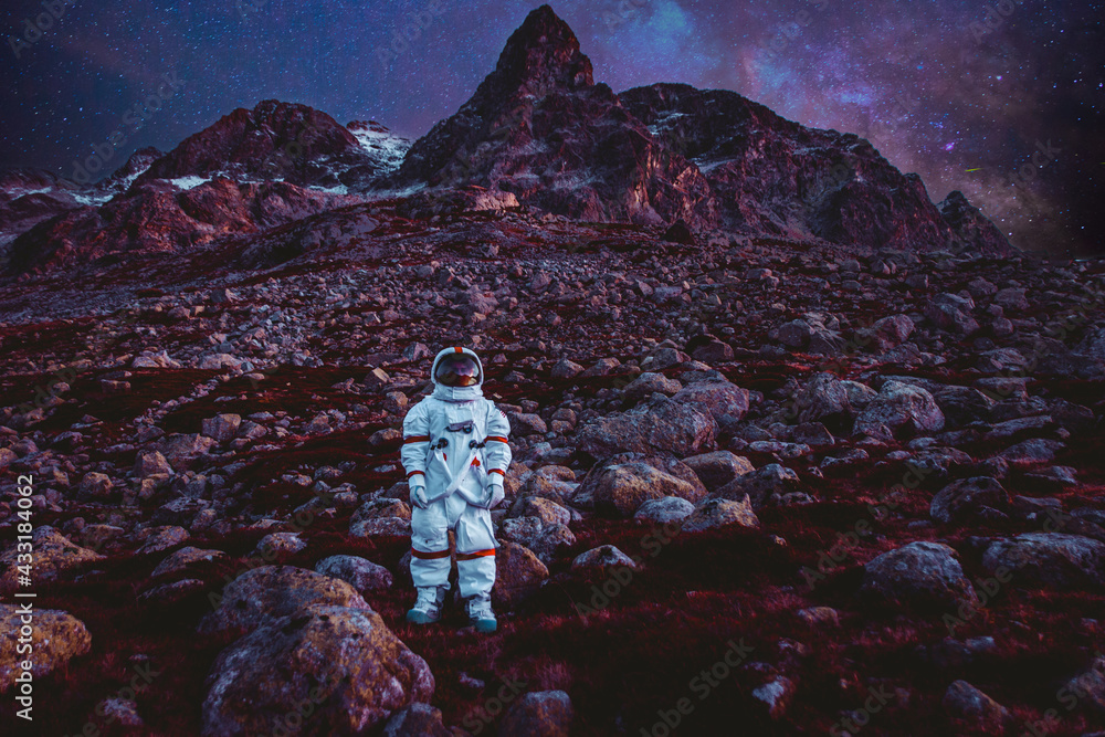 Poster astronaut exploring a new planet. searching for a new home for humanity. concept about science and n