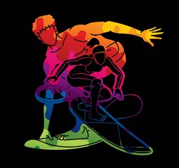 Surfer Action Group of Surfing Sport Male and Female Players Cartoon Graphic Vector