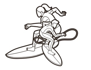 Fototapeta premium Surfer Action Group of Surfing Sport Male and Female Players Cartoon Graphic Vector