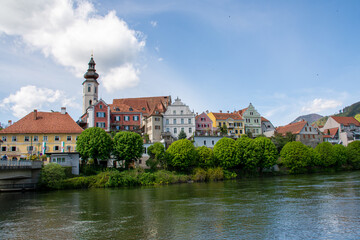 Fototapeta na wymiar View of the river Mur and Frohnleiten, Austria