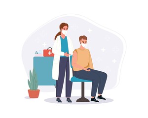 Medical doctor in clinic giving senior man injection coronavirus vaccine. Immunity health vaccination concept in hospital. Covid vaccine shot for patient. Vector