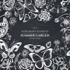 Floral design with chalk shepherd s purse, heather, iris japonica, sakura, gypsophila, chamomile, almond, poppy flower, calendula, menelaus blue morpho, blue morpho, lemon butterfly, red lacewing