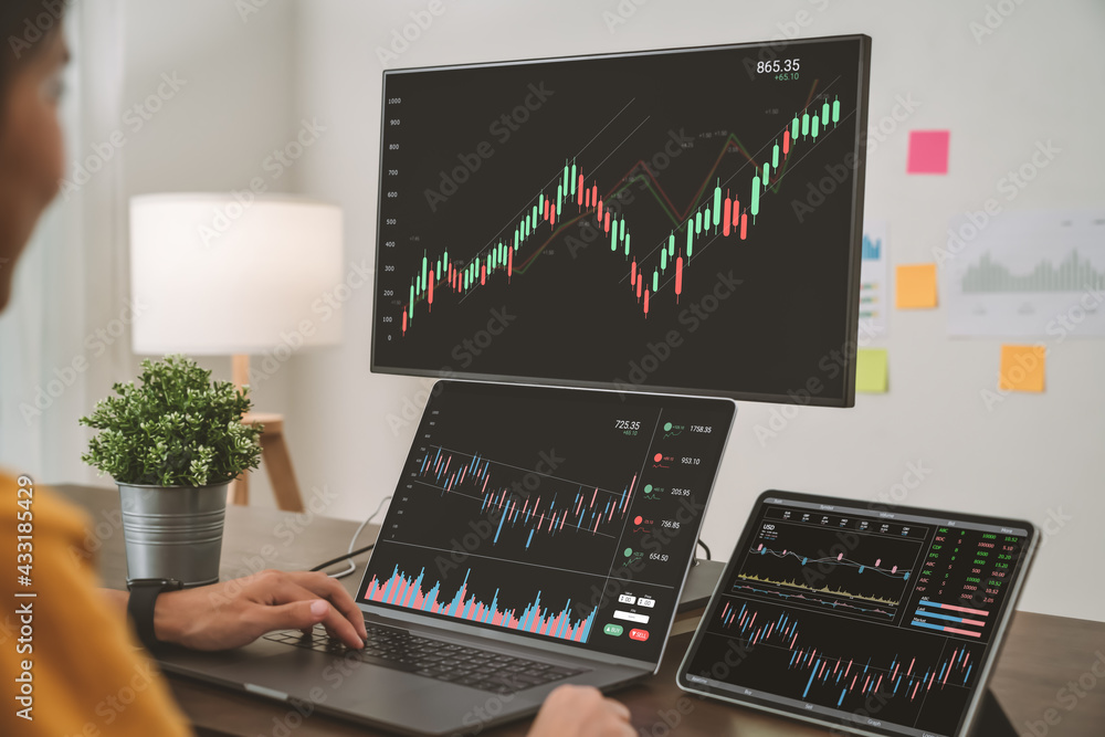 Poster stock exchange market concept, business people trader looking computer with graphs analysis candle l