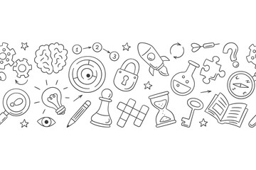 Puzzle and riddles. Hand drawn horizontal pattern with crossword puzzle, maze, brain, chess piece, light bulb, labyrinth, gear, lock and key. Vector illustration in doodle style on white background.