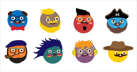 Set of people avatars. Round comic funny faces. Cute bright characters, different emotions, facial expressions. Flat cartoon isolated vector
