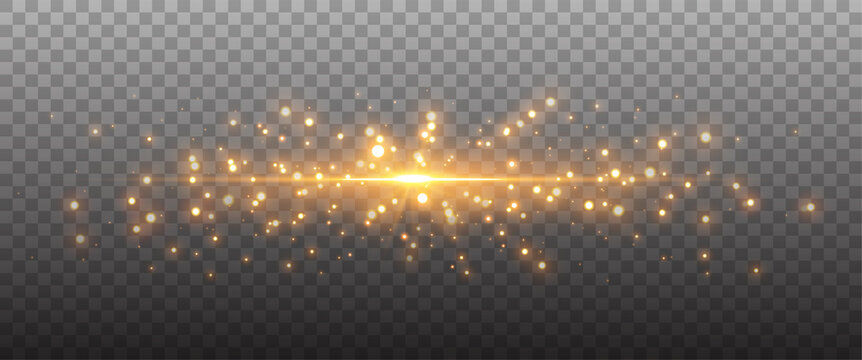 Gold glittering dots, sparkles, particles on a transparent background. Abstract light effect. Gold luminous points. Vector illustration.