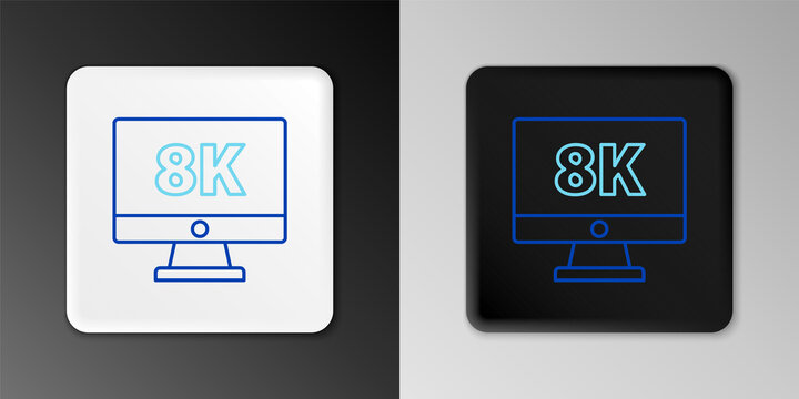 Line Computer PC monitor display with 8k video technology icon isolated on grey background. Colorful outline concept. Vector