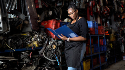 Fototapeta na wymiar happy african american engineer warehouse worker checking list inventory of old used car engine in garage store. black woman Inventory Manager in Recycle motor factory auto parts shop