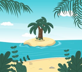 Island paradise summer sea landscape. Tropical nature coast. Travel tourism concept. Sunny exotic resort seascape. Ocean beach and palm tree leaves vector illustration.