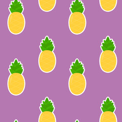 Seamless vector pattern with bright pineapple on a purple  background. Suitable for the design of textile fabric, wrapping paper, and wallpaper for websites. Vector illustration.