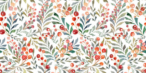 Watercolor hand drawn seamless pattern with leaves branches and red berries isolated on white background. Handmade floral background.