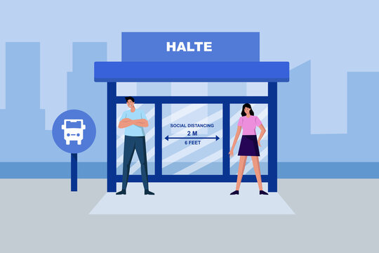 keep your distance at a bus stop, to avoid transmission of covid 19, vector illustration