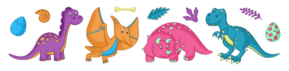 Set of colorful doodle dinosaurs with elements. Vector illustration. Dino icons collection.