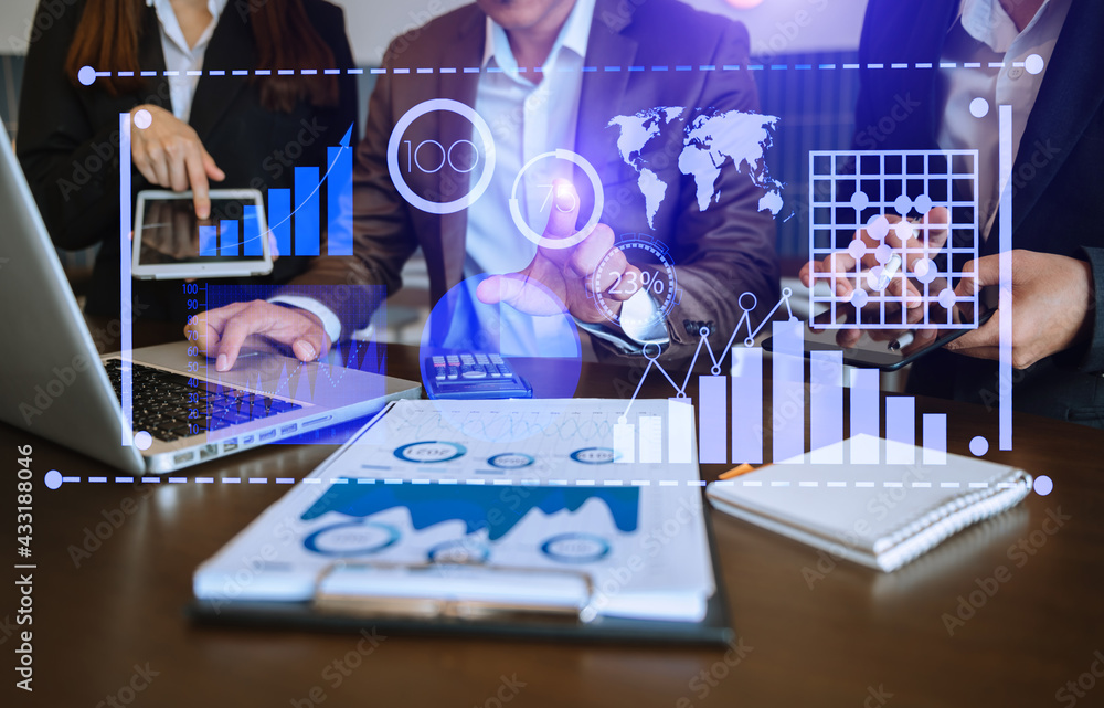 Poster business team hands working with provide information for key performance indicators and marketing an