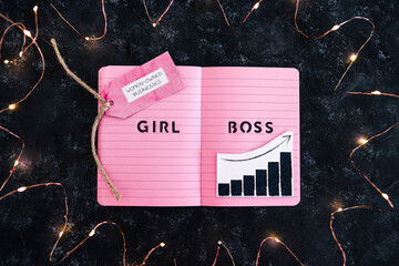 girl boss text on pink notepad and women owned businesses tag with positive growth stats next to it, supporting equality and business growth