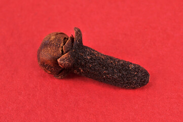 Clou de girofle en gros plan sur fond rouge