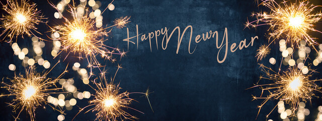 HAPPY NEW YEAR 2024 background greeting card - Firework, sparklers and bokeh lights and sparklers...