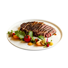 Isolated plate of roast beef with vegetables on the white background