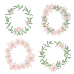 Watercolor illustration set of floral wreathes with pastel colored pink flowers and green leaves. Elegant hand drawn frames isolated on a white background.