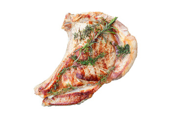 close up of barbecue pig bone grilled with Thyme, rosemary, salt and pepper, isolated on white background with clipping path.