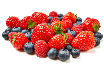 Strawberries, raspberries and blueberries on a white background.
