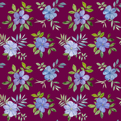 Seamless botanical pattern painted in watercolor. Blue flowers and green leaves on a purple background.