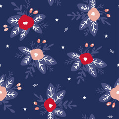 Blue and red floral seamless pattern with stars on navy background for US patriotic holidays, 4th of July, Labour, Flag or Patriot day.