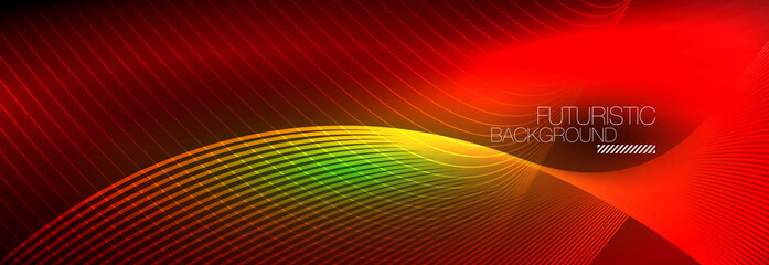 Abstract neon glowing light in the dark with waves. Shiny magic energy and motion concept, vector abstract wallpaper background