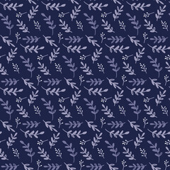 Fototapeta na wymiar Navy seamless pattern with small leaves and tiny white berries or flower buds. Vector design for bedding textile.