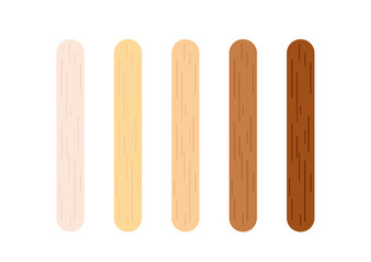 Popsicle stick for ice cream, medical tongue depressor set. Different wooden color stick for medical throat examination, holding ice cream from light to dark. Flat cartoon vector clip art illustration