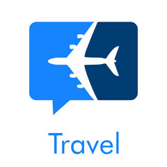 Fototapeta premium Logotipo con texto Travel y silueta de avión en burbuja de habla en color azul