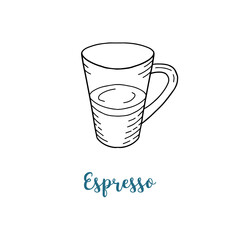 Cup of coffee espresso. Outline hand drawn poster. Stock vector illustration.