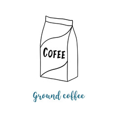 Ground coffee package. Outline hand drawn poster. Stock vector illustration.