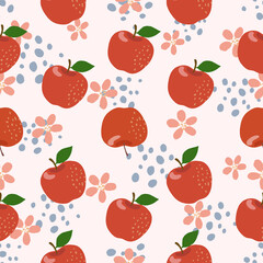 Seamless pattern hand draw red apples and apple blossom. Vector design editable illustration.