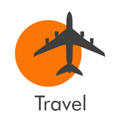 Logotipo con texto Travel y silueta de avión en círculo en color gris y naranja