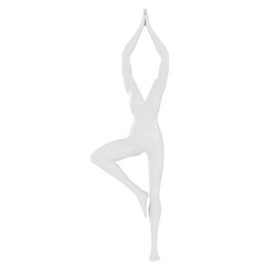 White female headless mannequin stands in heron pose on isolated background. Pose in yoga. 3d rendering. Front view