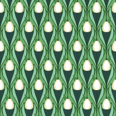 Seamless pattern with white tulips in flat modern style. Design from multi-colored tulips in Damascus style. Vector illustration