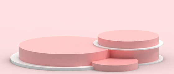 Podium showcase and Geometric shapes stage with Cylinder Concept and composition minimal on Red - White. design for banner, copy space, digital, banner -3d Rendering