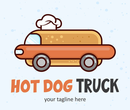 Hot dog food truck creative logo. Truck with a chef hat funny concept.