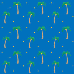 夏 南国 ヤシの木 シームレスパターン 青色背景