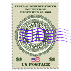 Obraz premium Postage stamp commemorating the founding of the American Federal Reserve System, founded on December 23, 1913. Seal in center of Bank of Boston, Massachusetts