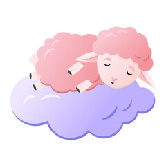 A cute pink sheep sleeps on a blue cloud. Children's illustration. Nursery.
