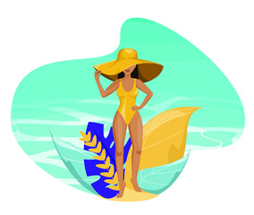 A beautiful young woman in a hat and a swimsuit on the background of the blue sea. Relax on the beach. A tanned girl.