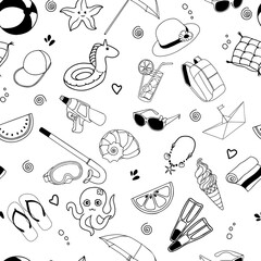 Summer beach doodles seamless pattern. Vector illustration of summer vacation elements. Black and white pattern