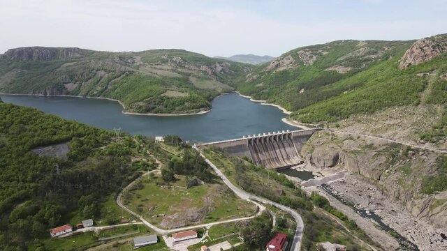 Aerial view of dam of Studen Kladenets Reservoir, Kardzhali Region, Bulgaria