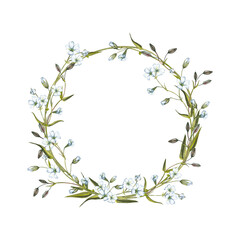 Obraz na płótnie Canvas Spring, summer floral wreath of mini white flowers, leaves, buds. Delicate meadow wildflowers. Wedding invitation frame, birthday card. Watercolor hand painted isolated elements on white background.