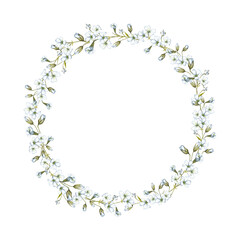 Spring, summer floral wreath of mini white flowers and buds. Delicate meadow wildflowers. Wedding invitation frame, birthday card design. Watercolor hand painted isolated elements on white background.