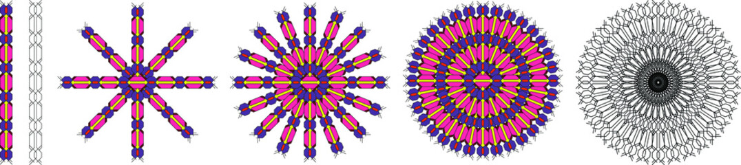 Geometric vector abstract square isolated frame on white background. Design elements, template. Variants of the braided pigtail pattern are made on grid cells on a white background. 