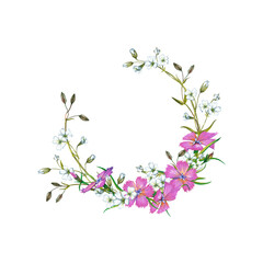 Spring, summer floral wreath of pink carnations mini white flowers. Delicate meadow wildflowers in semi round frame. Wedding decor. Watercolor hand painted isolated elements on white background.