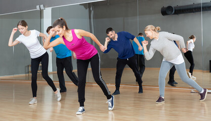 Fototapeta na wymiar Group of adult people training in gym, doing aerobics exercises